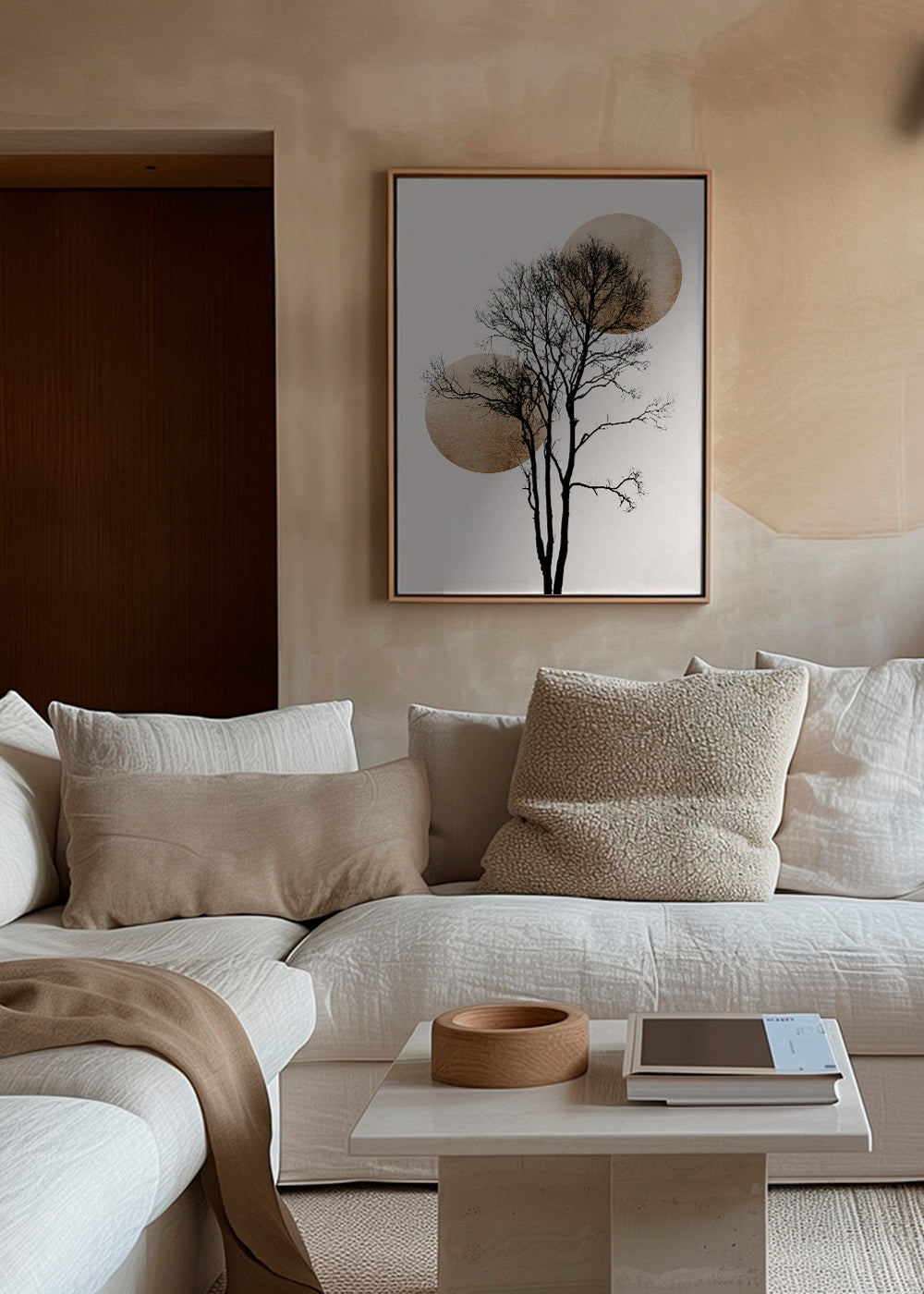 Botanisk plakat: træ-silhuet med gyldne skiver