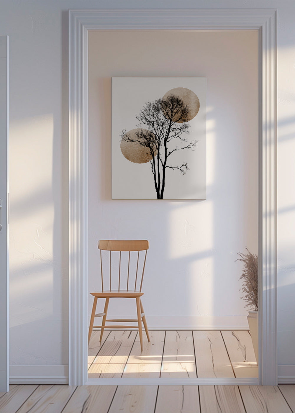 Botanisk plakat: træ-silhuet med gyldne skiver