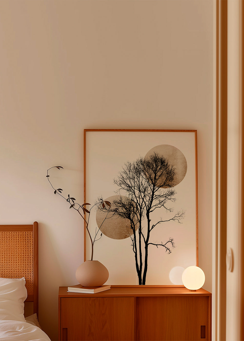 Botanisk plakat: træ-silhuet med gyldne skiver