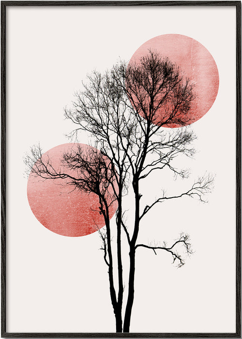 Botanisk plakat: træ-silhuet med rosa cirkler