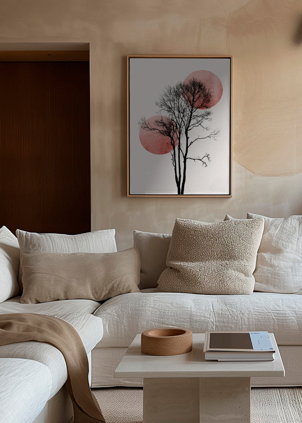 Botanisk plakat: træ-silhuet med rosa cirkler