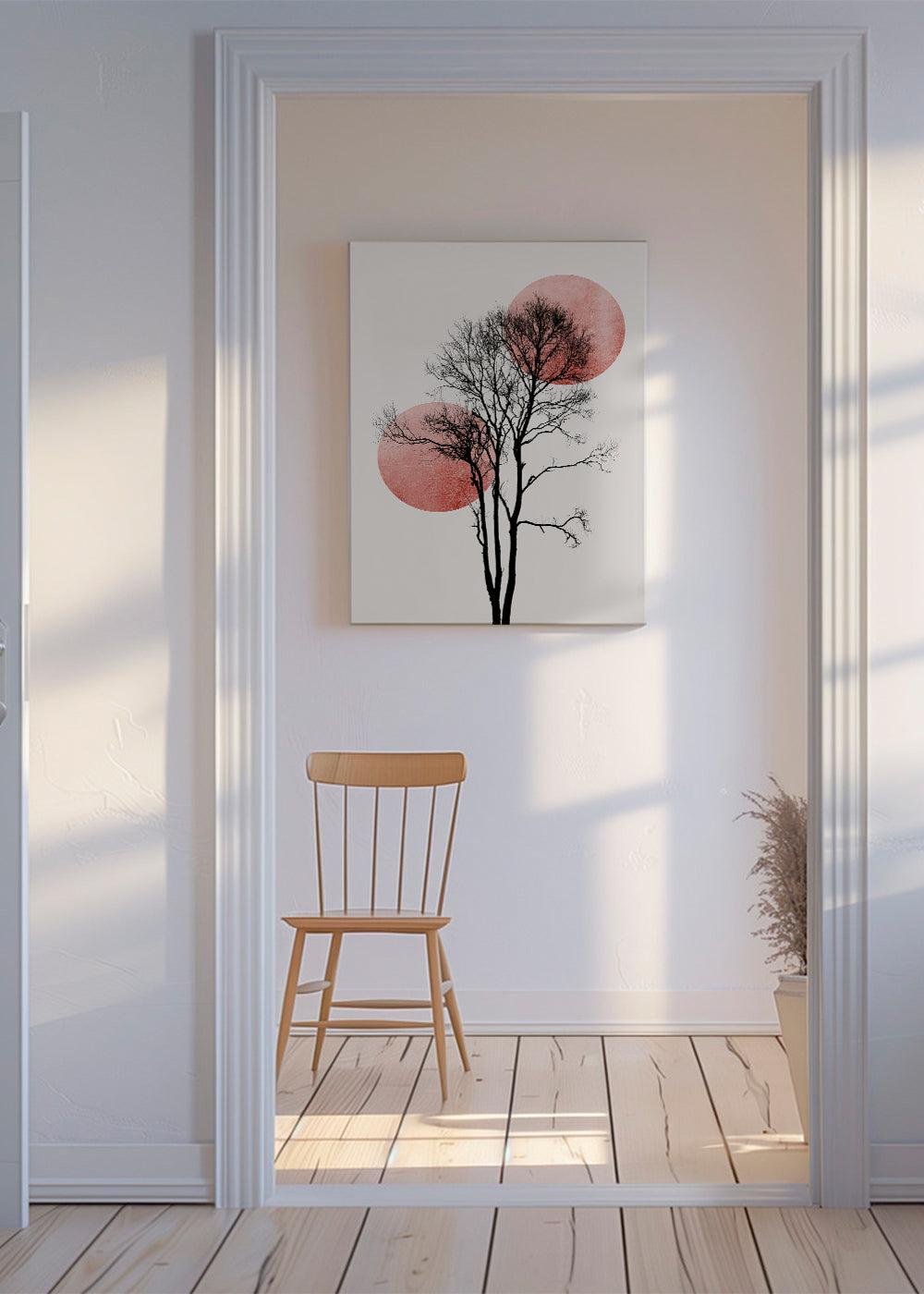 Botanisk plakat: træ-silhuet med rosa cirkler