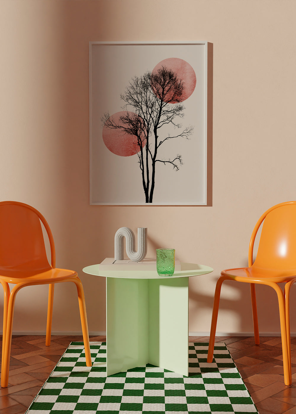 Botanisk plakat: træ-silhuet med rosa cirkler