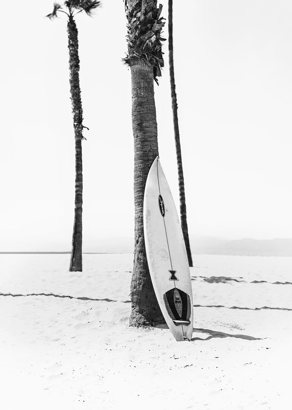Sportkunst: surfbræt på stranden sort-hvid