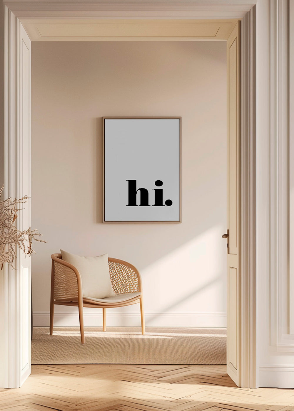 Minimalistisk design med 'hi.' i nederste hjørne
