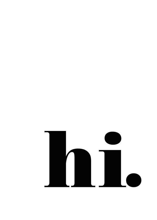 Minimalistisk design med 'hi.' i nederste hjørne