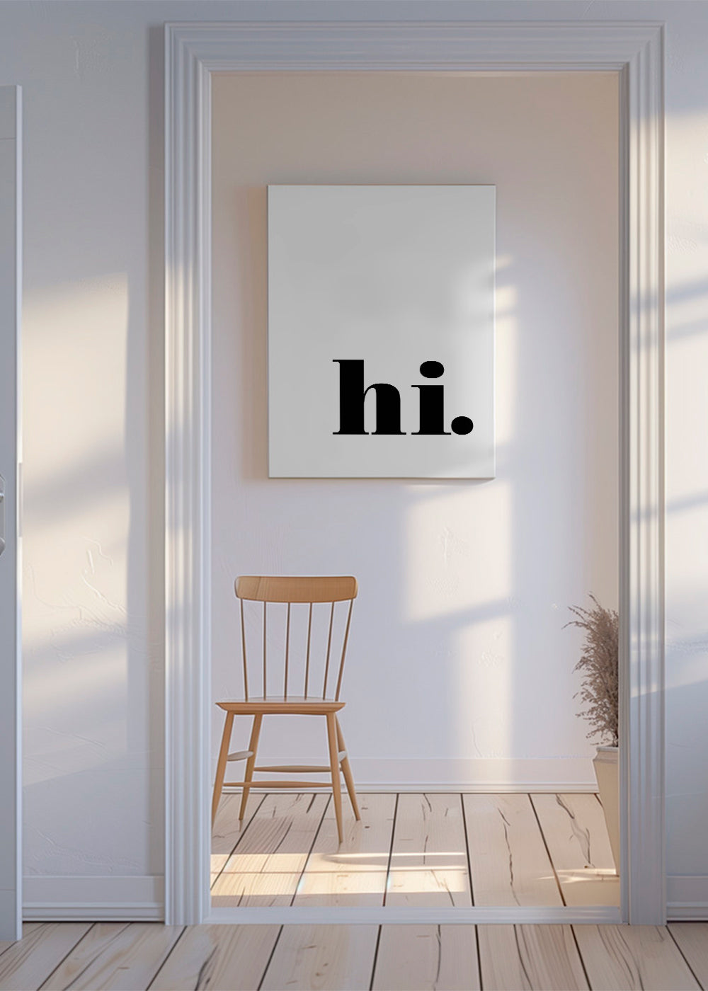 Minimalistisk design med 'hi.' i nederste hjørne