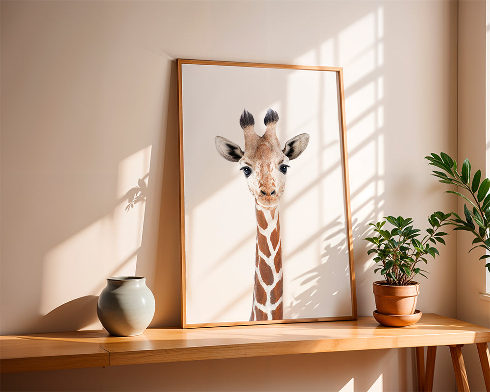 Plakat giraff portræt på hvid baggrund