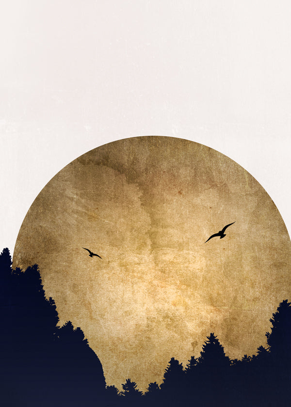 Køkkenkunst: gyldent sollandskab med fyrsilhuetter