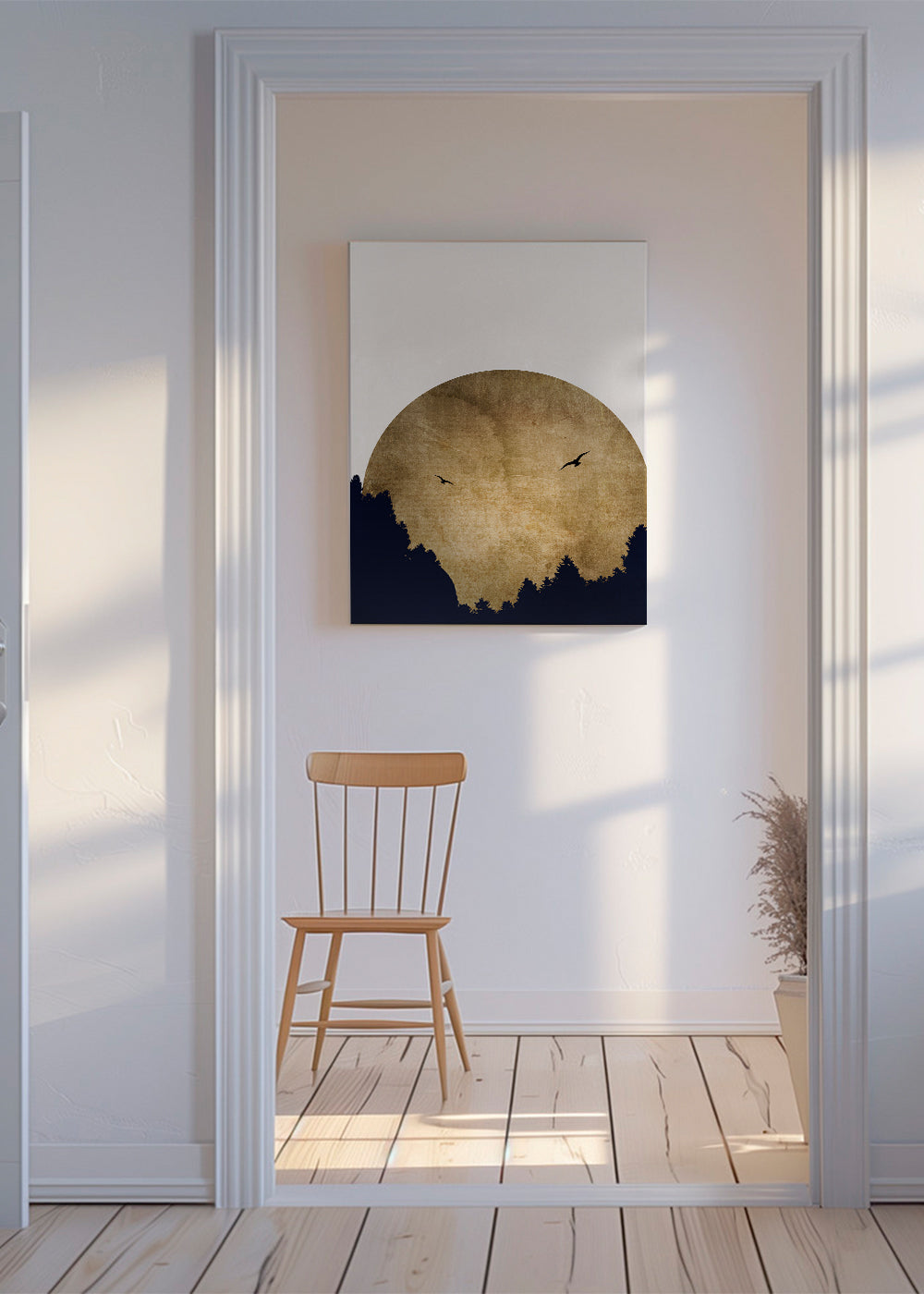 Køkkenkunst: gyldent sollandskab med fyrsilhuetter