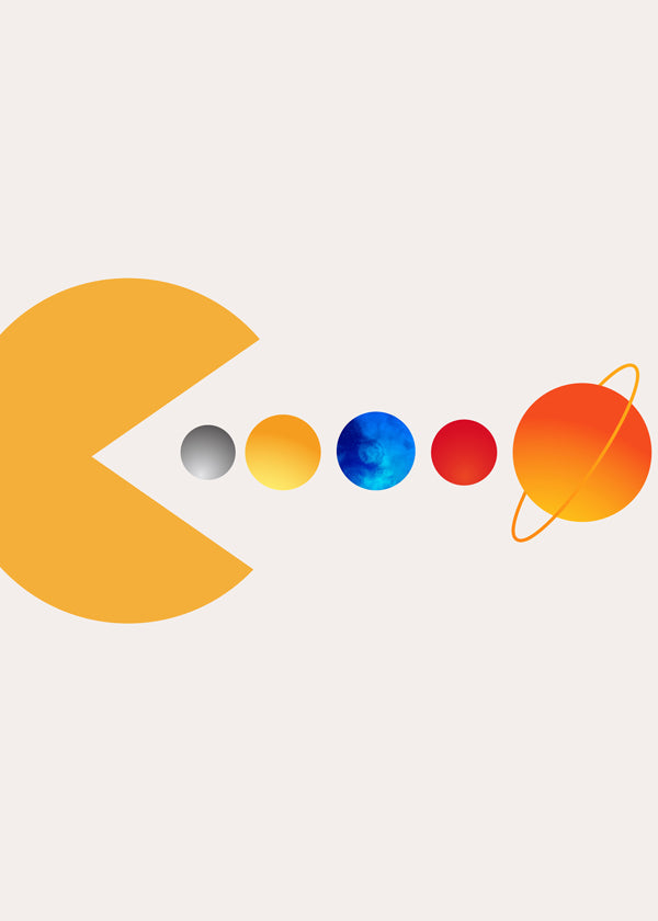 Rumillustration Pac‑Man og planeter