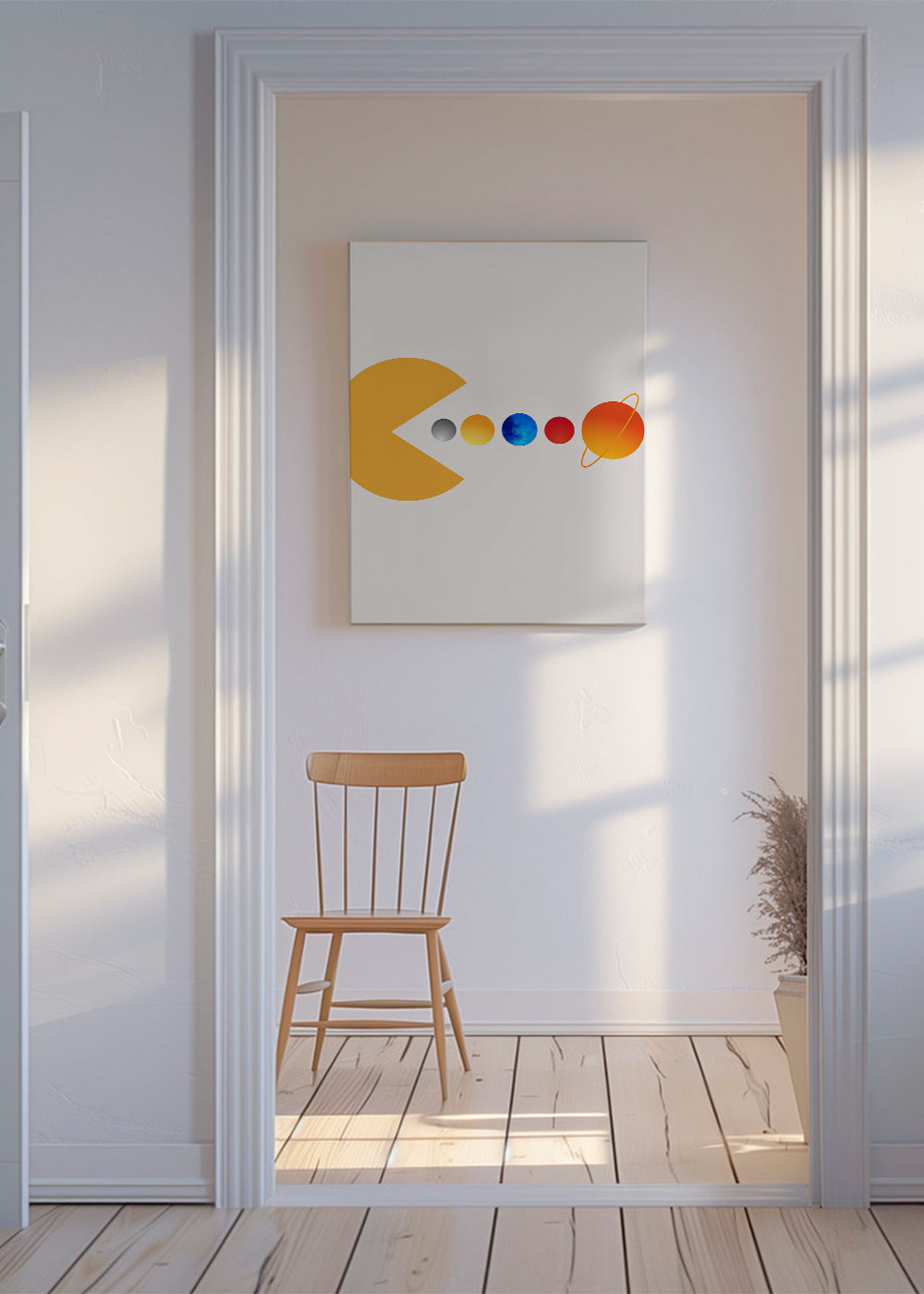 Rumillustration Pac‑Man og planeter