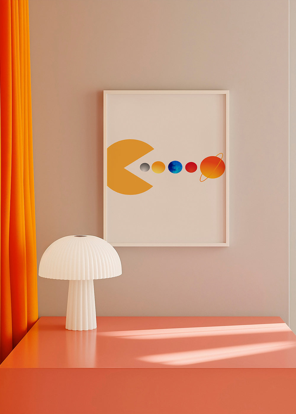 Rumillustration Pac‑Man og planeter