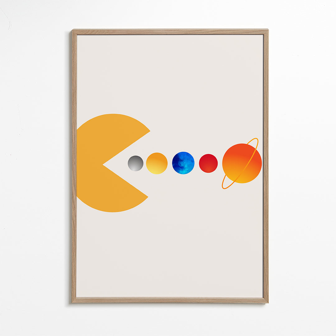 Rumillustration Pac‑Man og planeter
