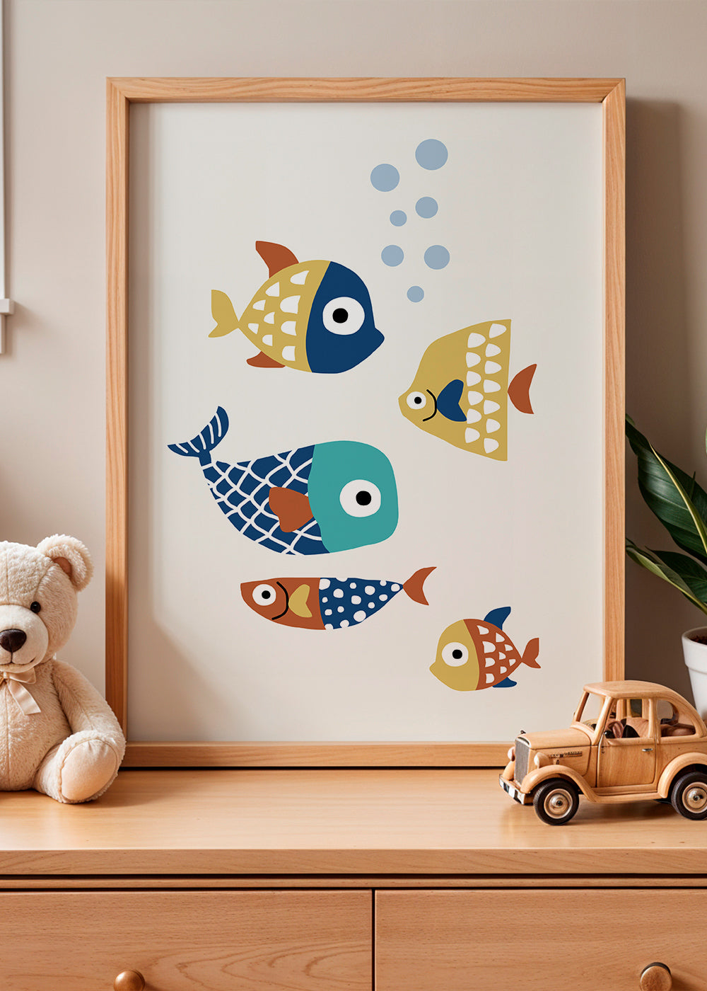 Børneplakat med legesyge fisk