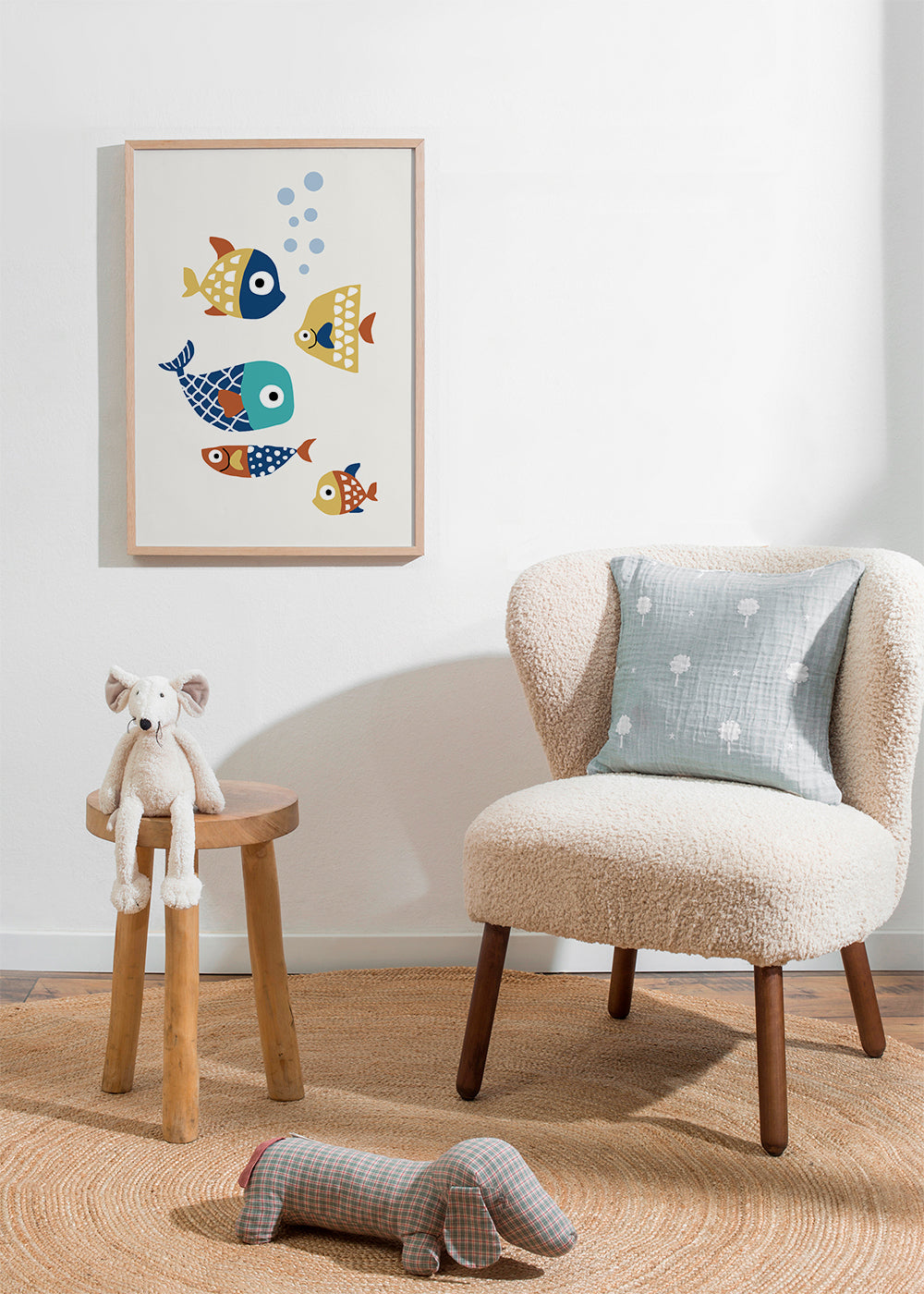 Børneplakat med legesyge fisk
