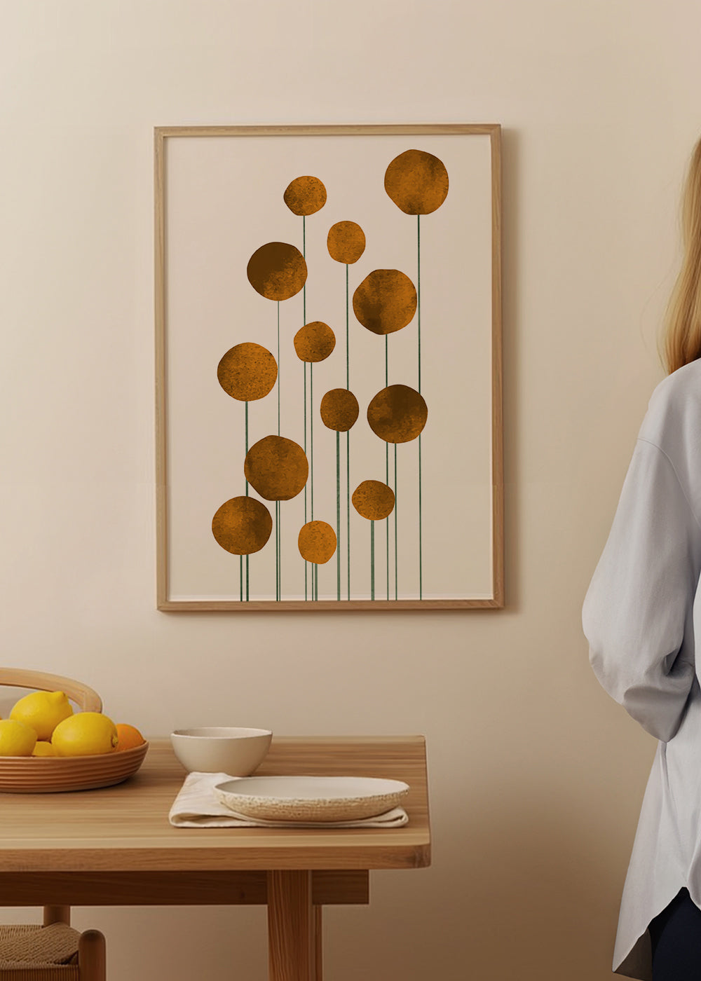 Botanisk plakat gyldne cirkler med tynde stilke