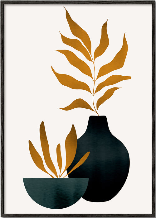 Botanisk plakat med sennepsblade og vase