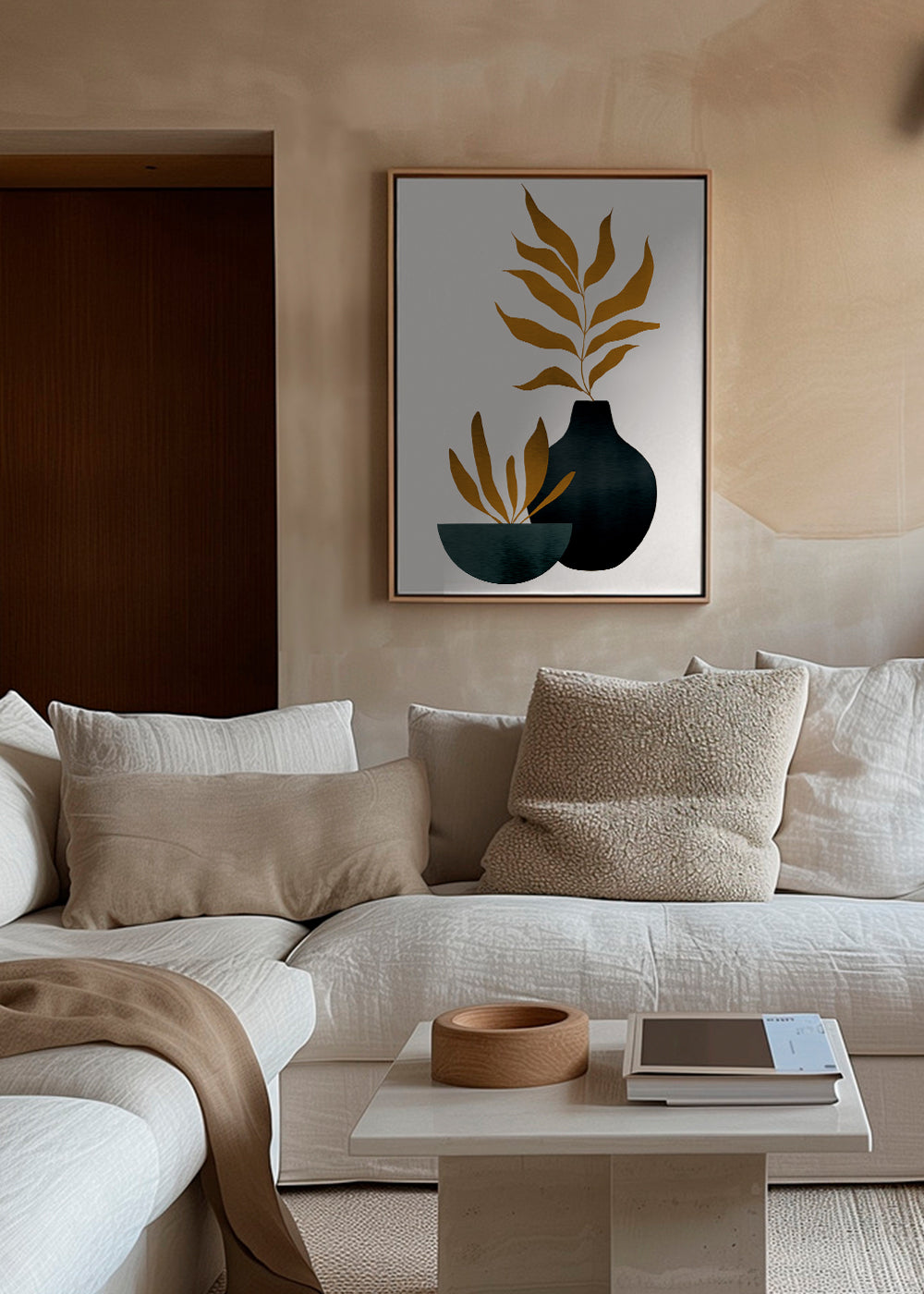 Botanisk plakat med sennepsblade og vase