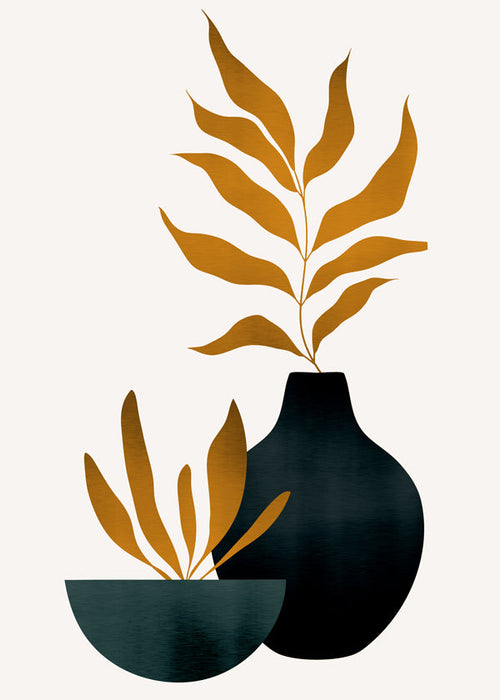 Botanisk plakat med sennepsblade og vase