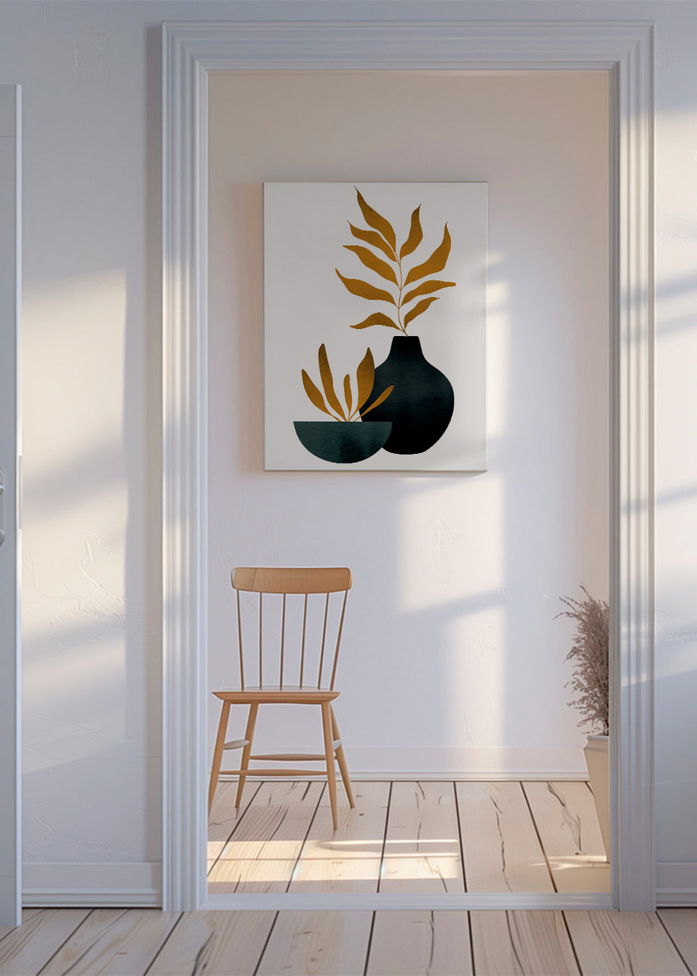 Botanisk plakat med sennepsblade og vase