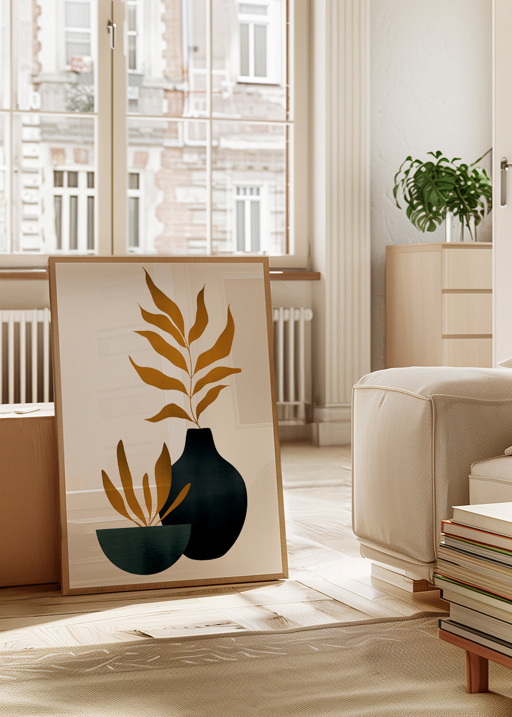 Botanisk plakat med sennepsblade og vase