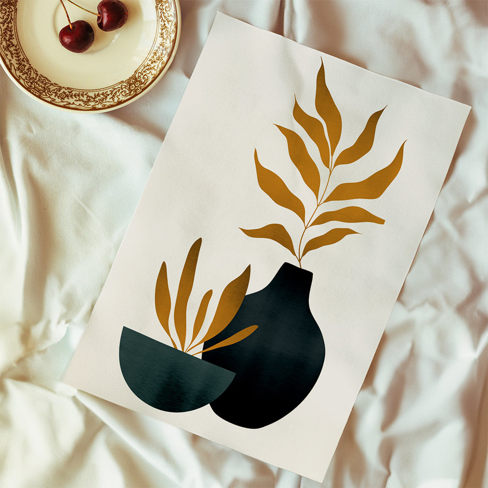 Botanisk plakat med sennepsblade og vase