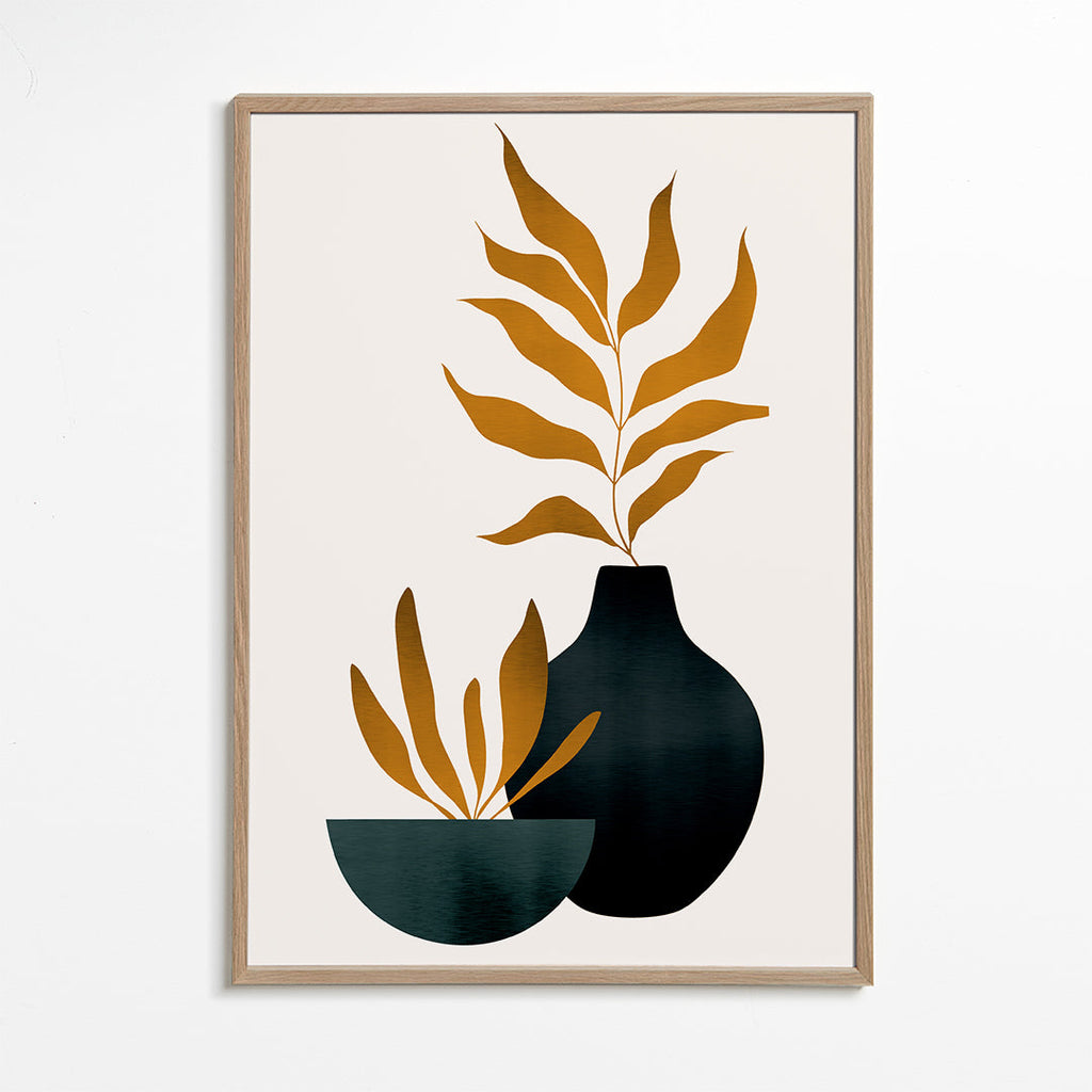 Botanisk plakat med sennepsblade og vase