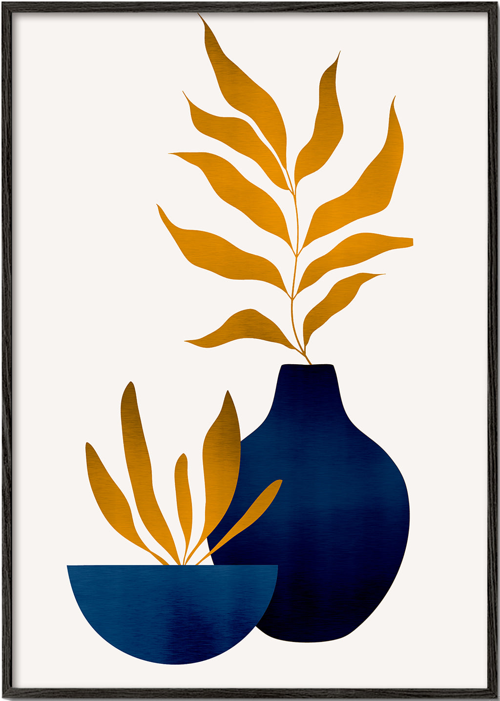 Botanisk plakat gyldne blade og blaa vase