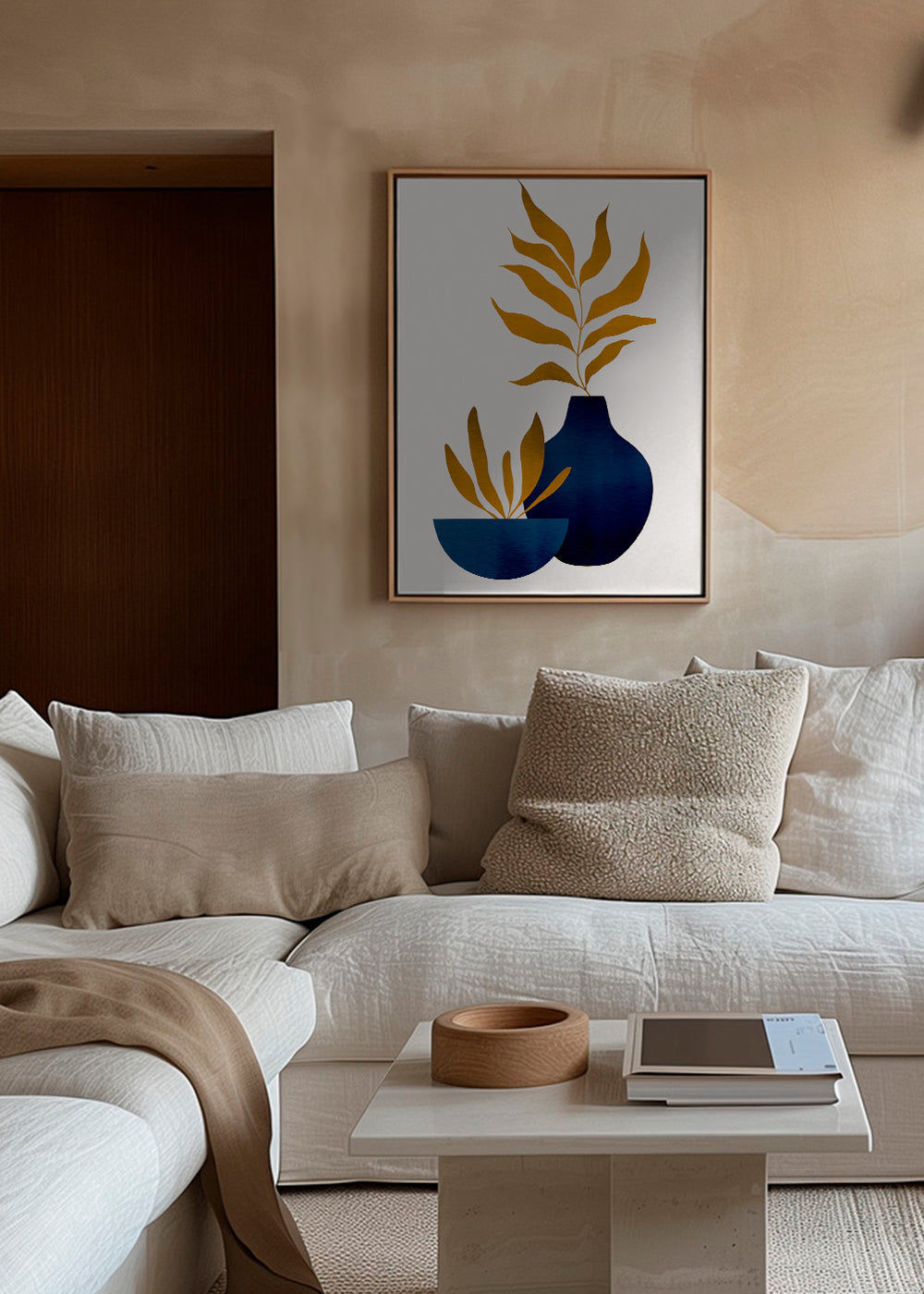 Botanisk plakat gyldne blade og blaa vase