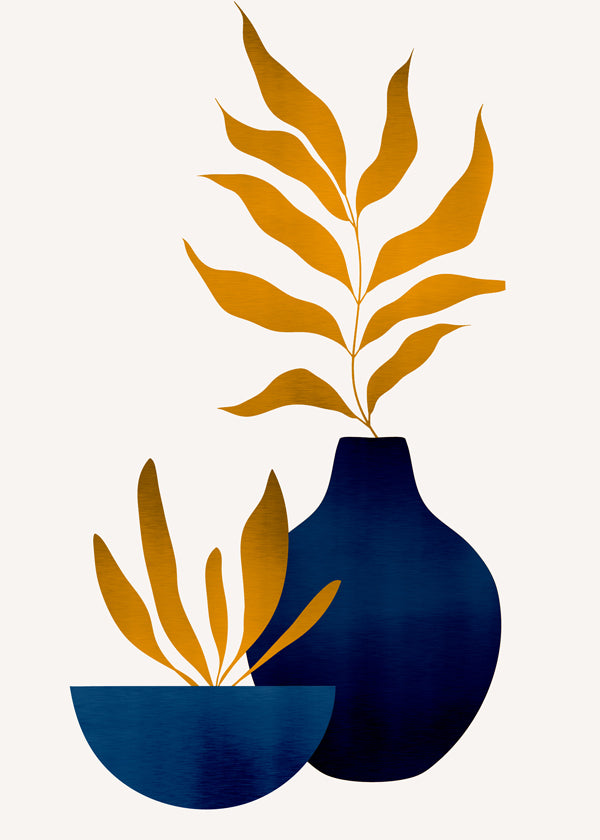 Botanisk plakat gyldne blade og blaa vase