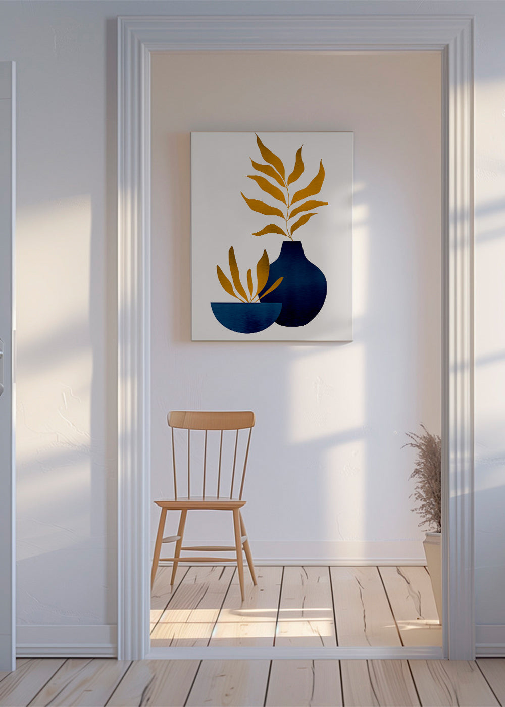 Botanisk plakat gyldne blade og blaa vase