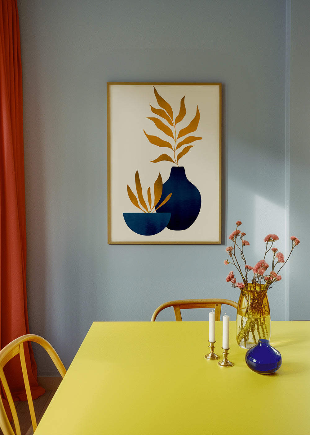 Botanisk plakat gyldne blade og blaa vase