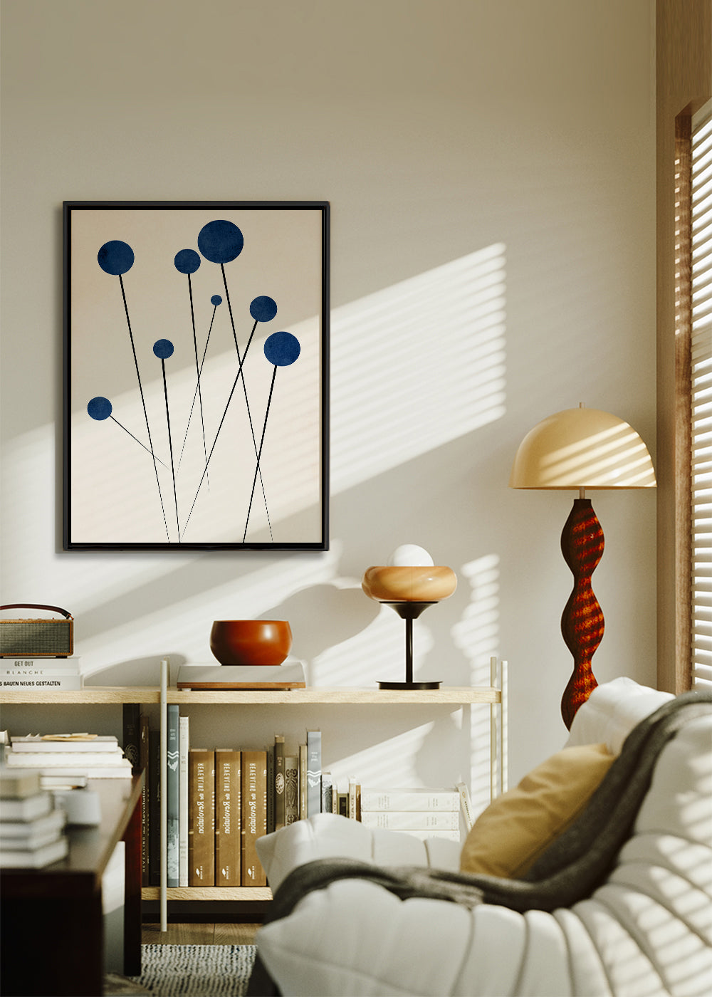 Botanisk plakat med blå kugler og tynde stilke