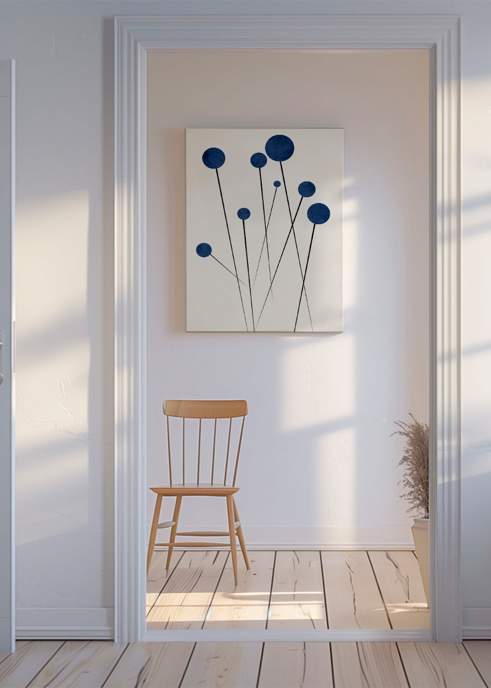Botanisk plakat med blå kugler og tynde stilke