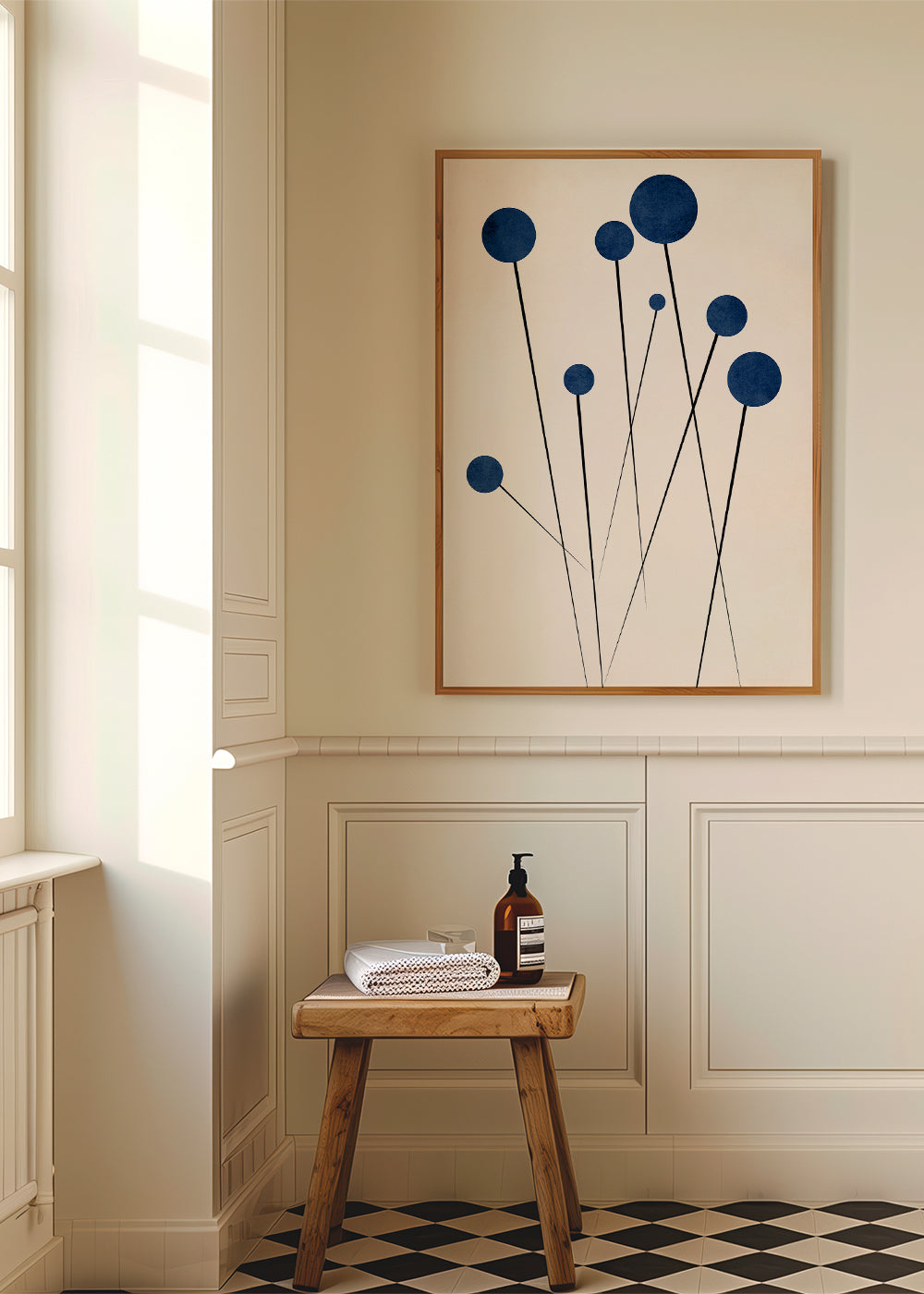 Botanisk plakat med blå kugler og tynde stilke