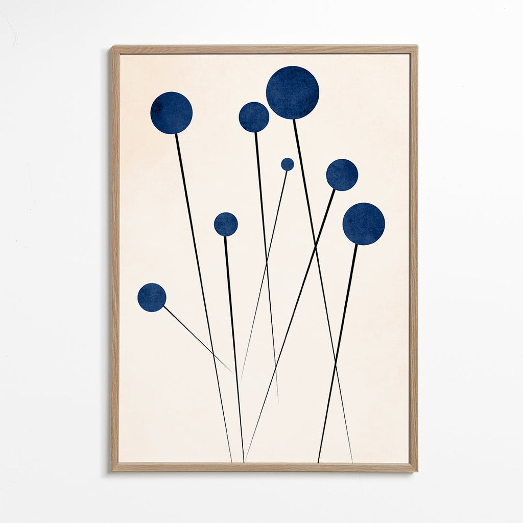 Botanisk plakat med blå kugler og tynde stilke