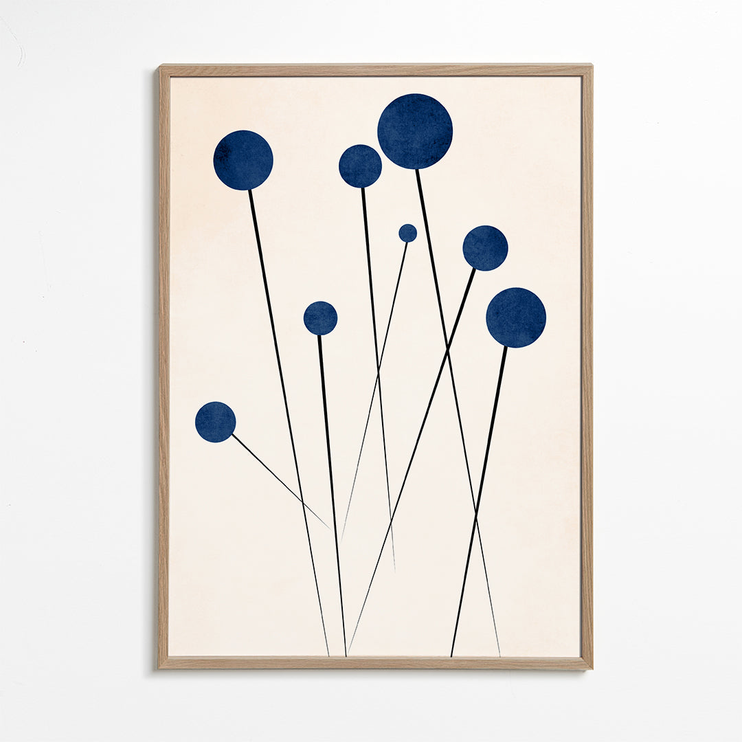 Botanisk plakat med blå kugler og tynde stilke