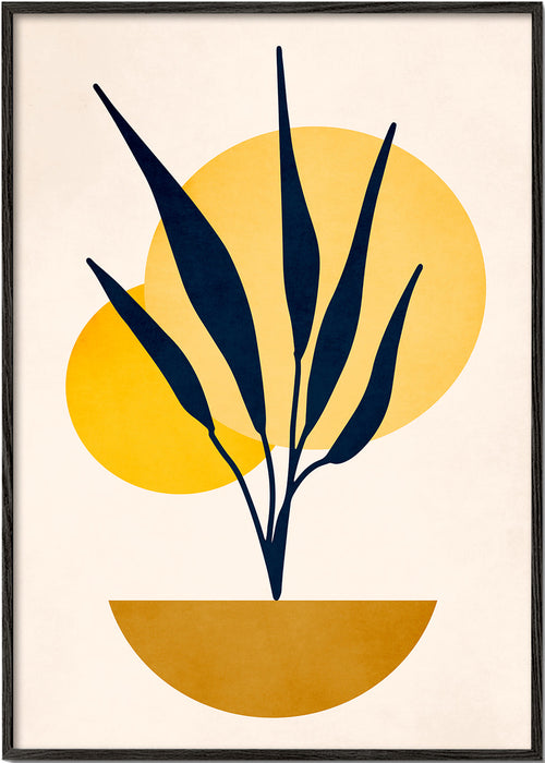 Botanisk plakat med blå blade og solcirkler