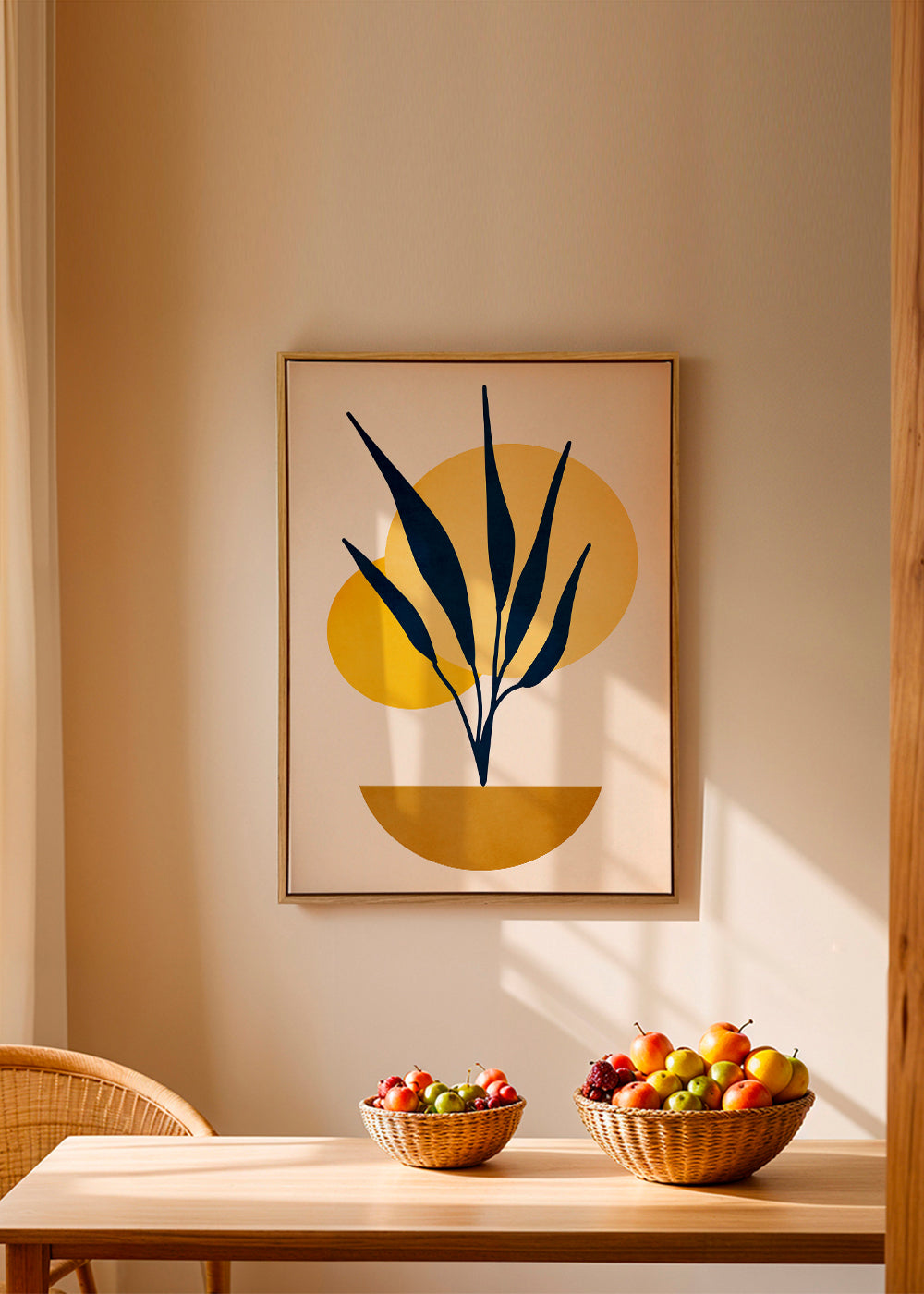 Botanisk plakat med blå blade og solcirkler