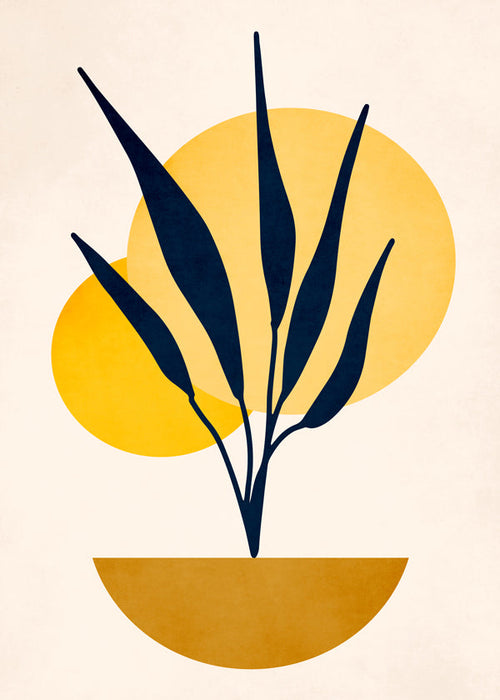 Botanisk plakat med blå blade og solcirkler