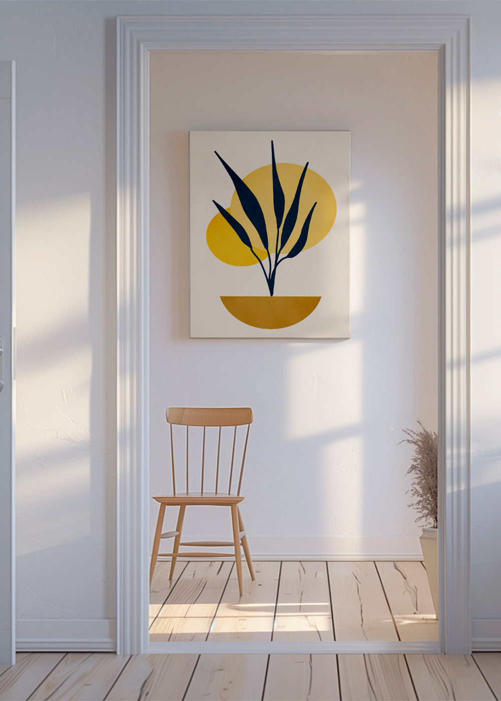 Botanisk plakat med blå blade og solcirkler