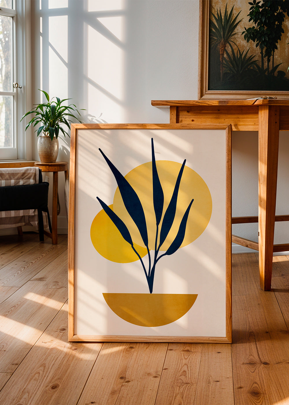 Botanisk plakat med blå blade og solcirkler