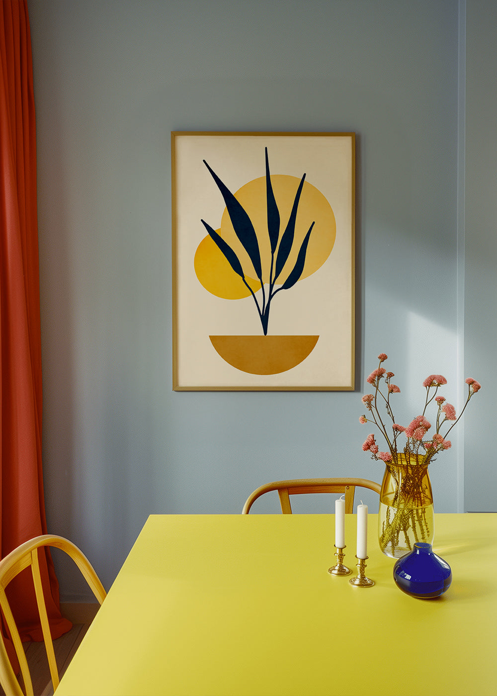 Botanisk plakat med blå blade og solcirkler