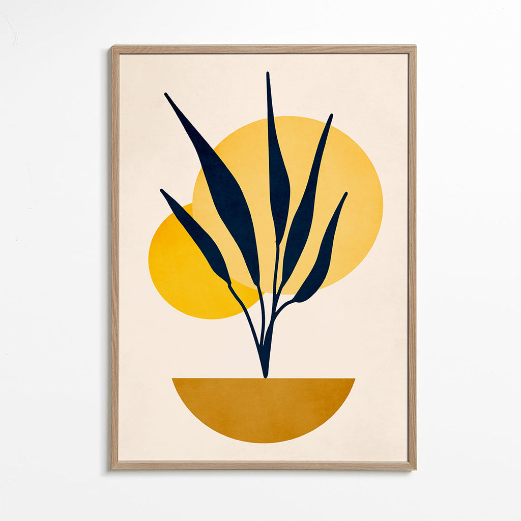 Botanisk plakat med blå blade og solcirkler