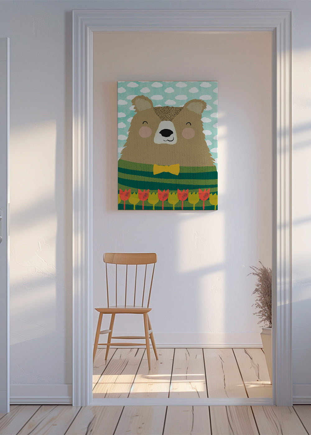 Børneplakat smilende bjørn med tulipaner