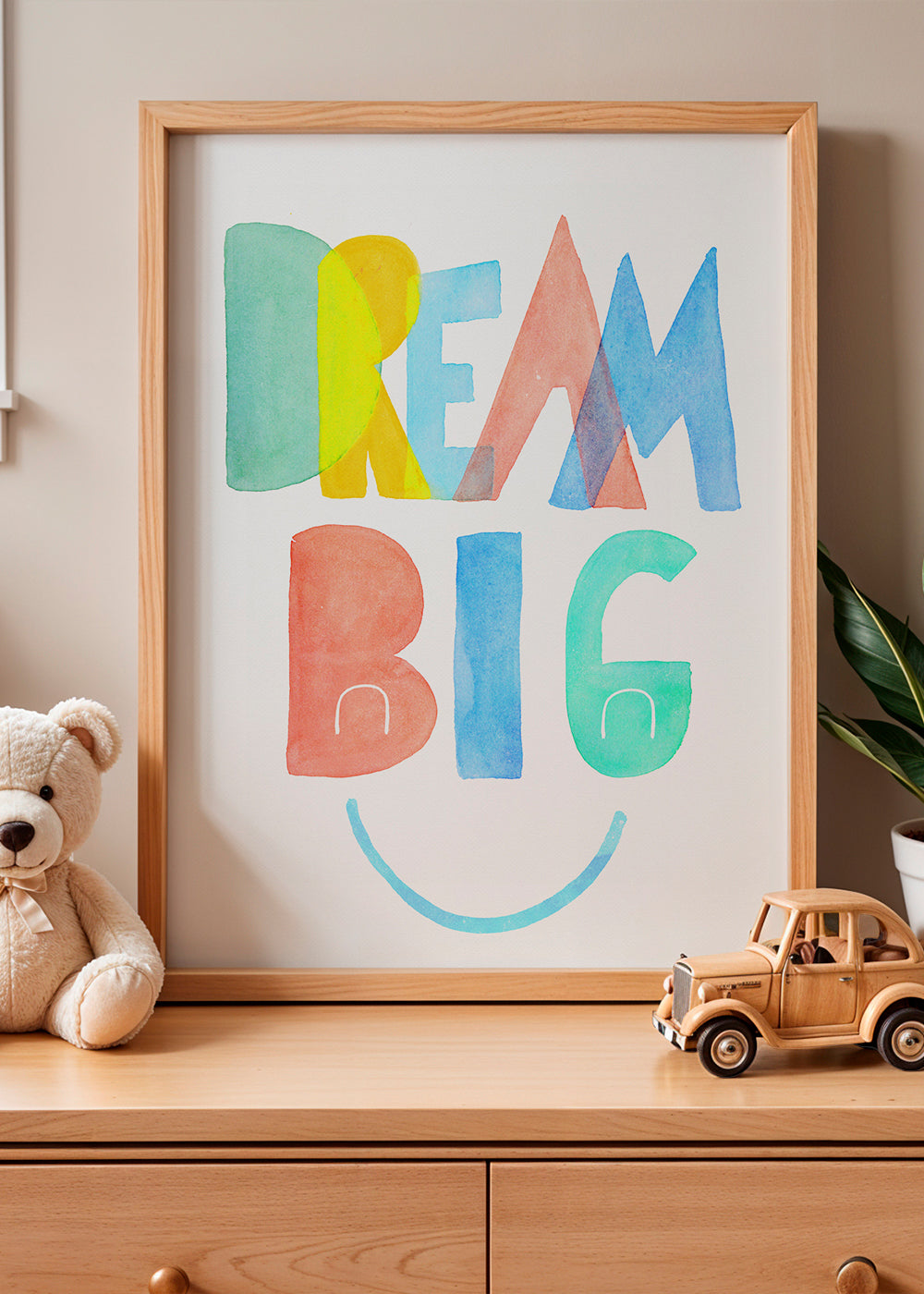 Typografisk akvarel 'Dream Big' illustration