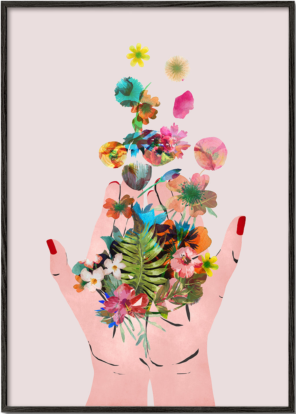 Botanisk plakat hænder og blomster collage