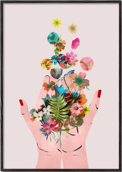 Botanisk plakat hænder og blomster collage