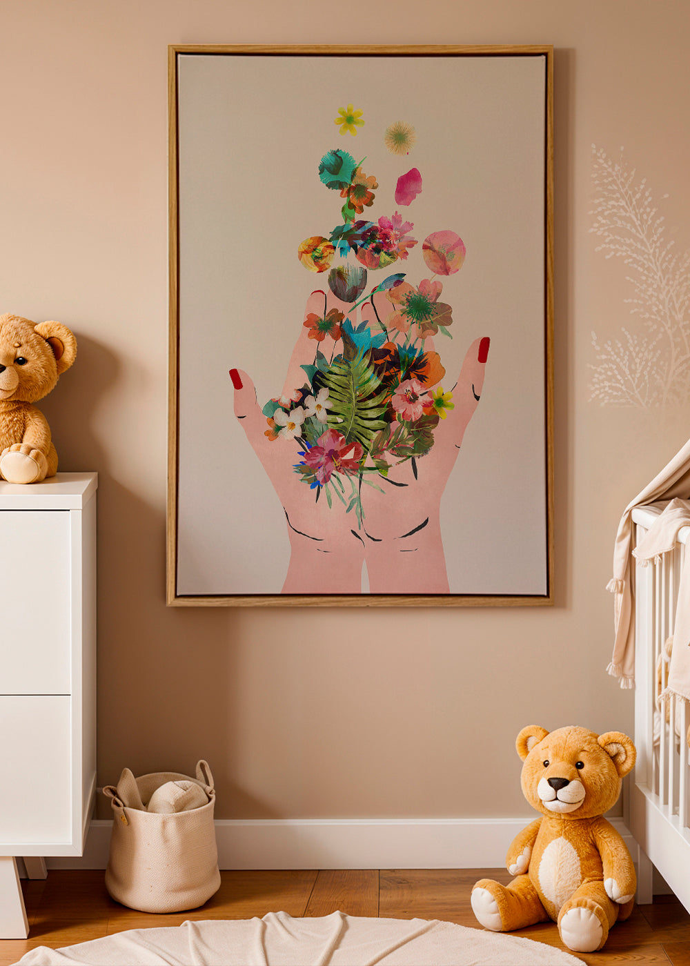 Botanisk plakat hænder og blomster collage
